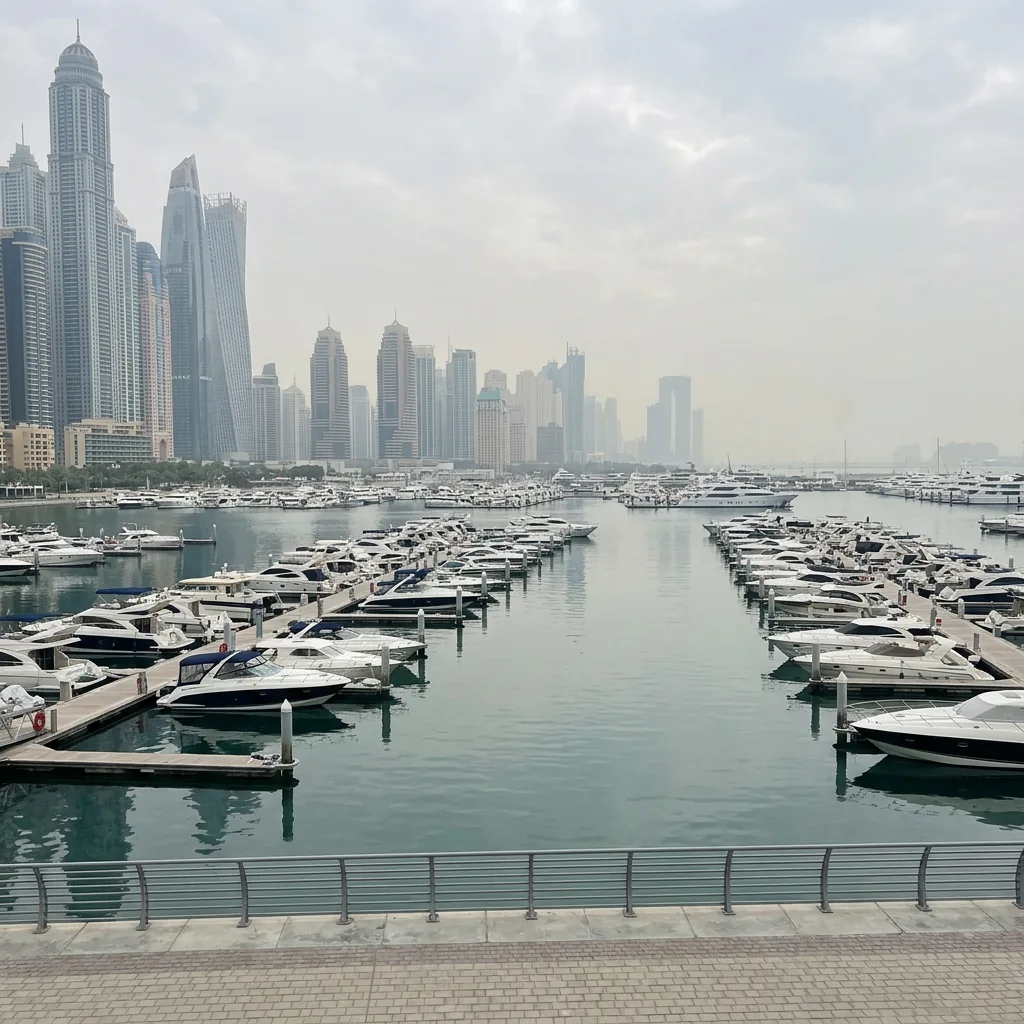 Yachthafen von Dubai Harbour mit Skyline im Hintergrund