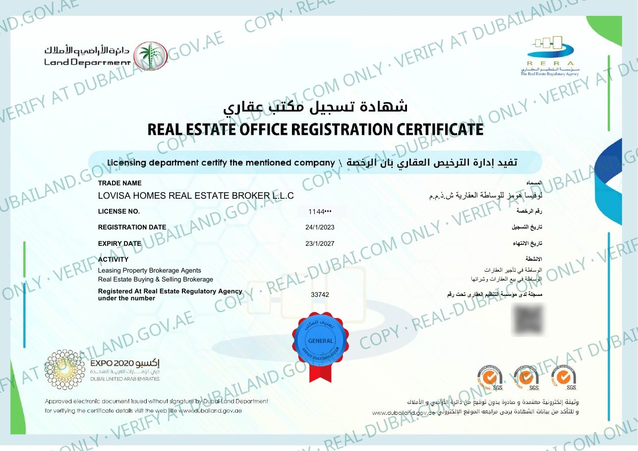 RERA registration certificate of Lovisa Homes Real Estate Broker L.L.C. (watermarked copy)