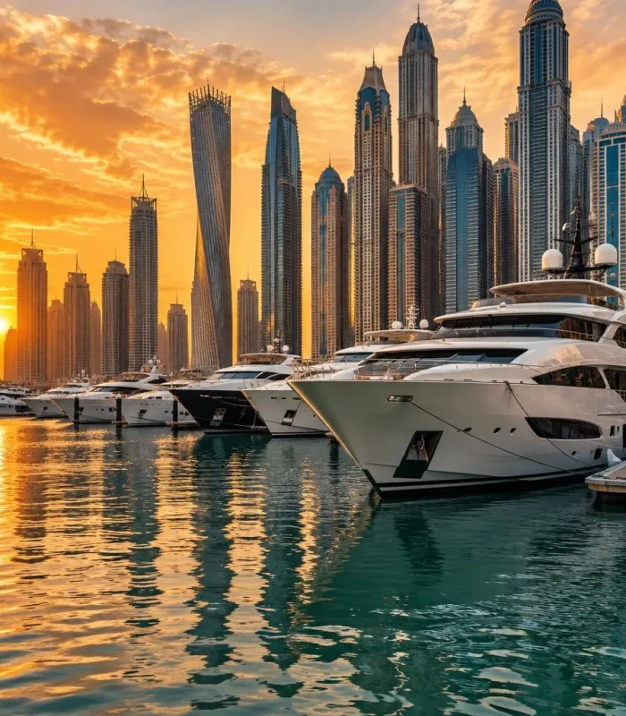 Yachten im Hafen von Dubai Marina bei Sonnenuntergang