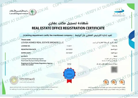 RERA-Registrierungszertifikat von REAL DUBAI (Dubai Land Department)